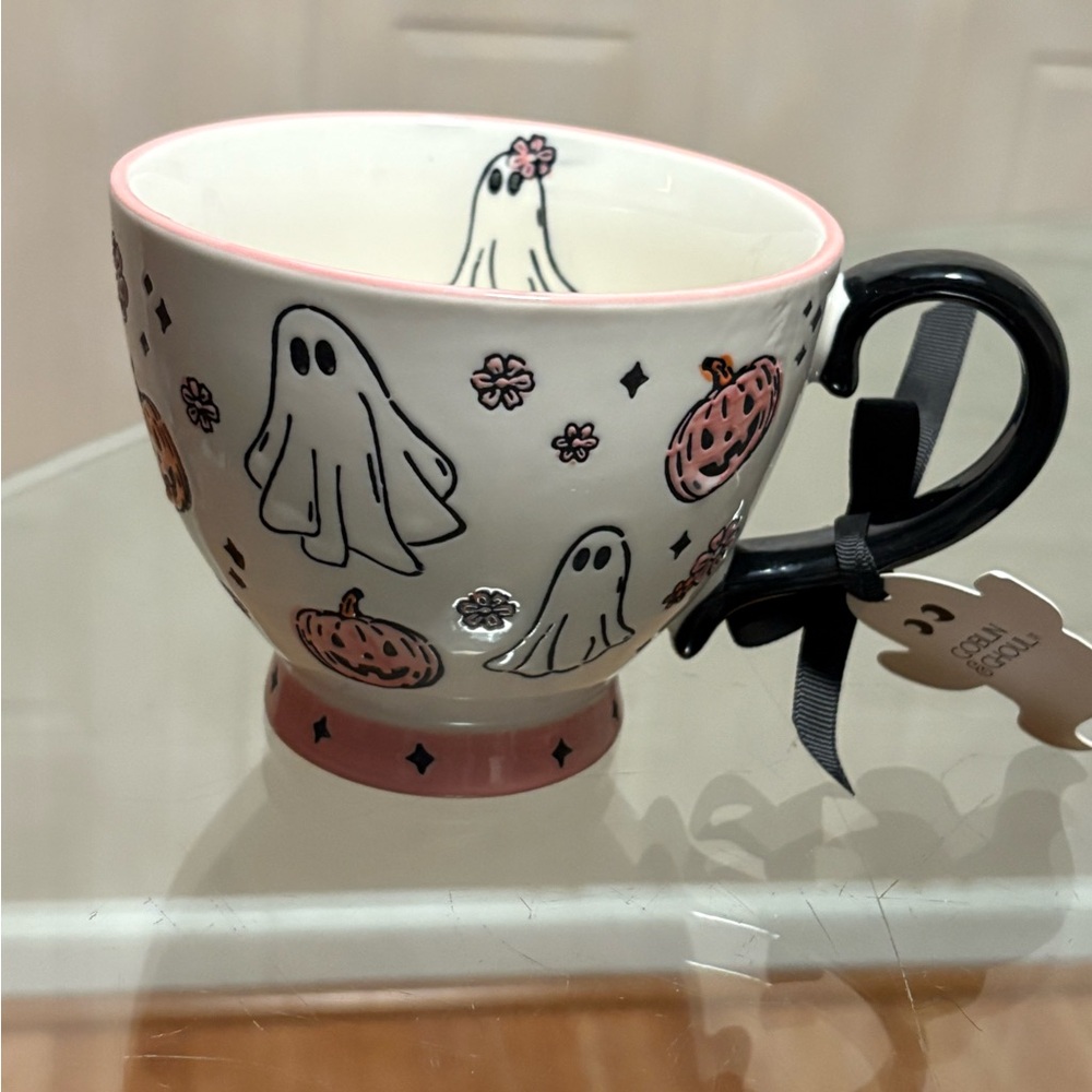 Halloween Coffee Mug Ghost With Pink Jack O Lanterns Flowers Potter's Corner New